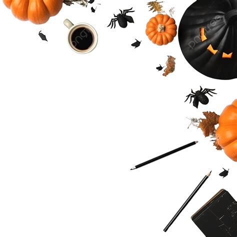 Hình ảnh Máy Tính để Bàn Nhìn Từ Trên Xuống Với Tài Liệu Văn Phòng Và Trang Trí Halloween Png