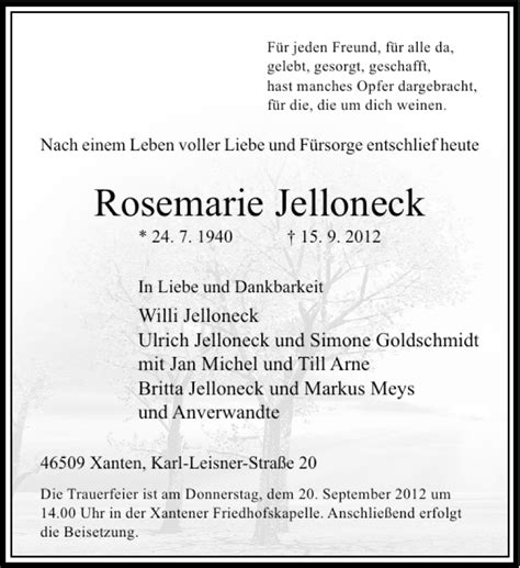 Alle Traueranzeigen F R Rosemarie Jelloneck Trauer Rp Online De