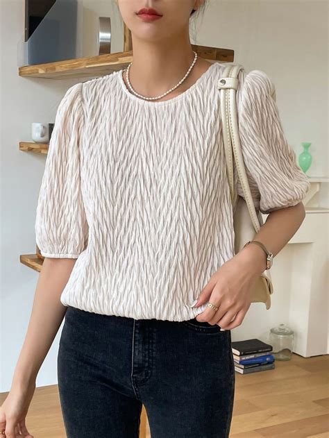 Dazy Keyhole Back Puff Sleeve Textured Blouse Blouse Knit Fashion