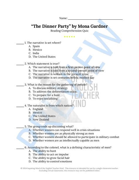 The Dinner Party By Mona Gardner Quiz Made By Teachers