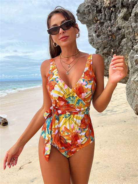 Tropical Print Knot Side One Piece Swimsuit SHEIN USA