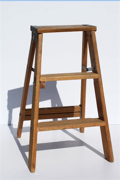 Vintage Wood Ladder Folding Two Step Wooden Ladder Industrial