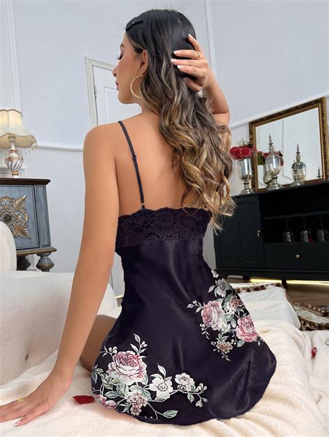 Floral Print Contrast Lace Satin Sexy Lingerie Dress Shein Usa