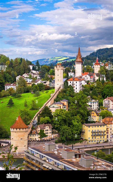 Lucerne, Switzerland at the medieval Musegg Wall and towers Stock Photo ...