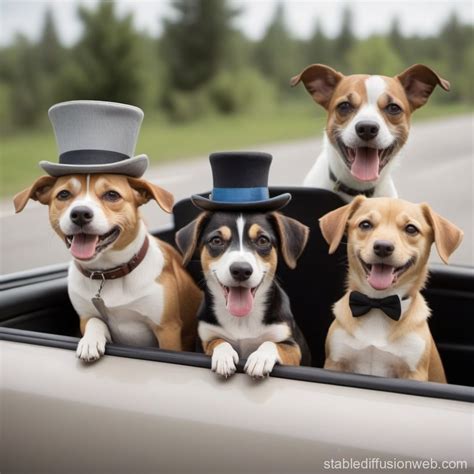 Four Smiling Dogs In A Car With Accessories Stable Diffusion Online