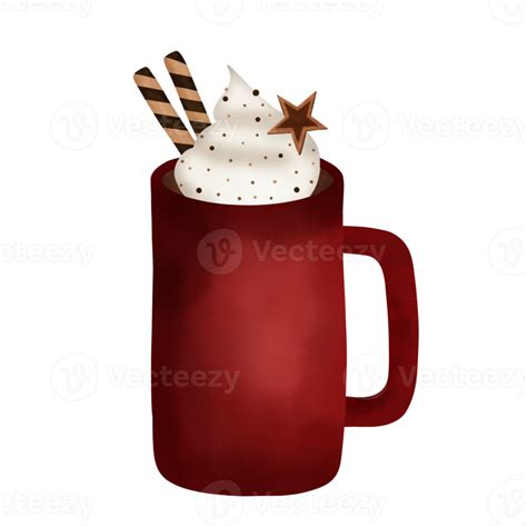 Hand Drawn Watercolor Illustration Of Hot Chocolate With Whipped Cream And Cookie In Red Mug