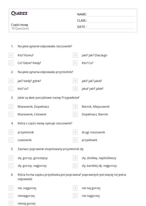 Ponad 50 Części mowy arkuszy roboczych dla Klasa 3 w Quizizz Darmowe