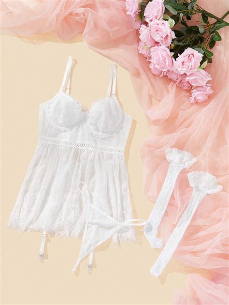 Delicateallure Floral Lace Underwire Garter Babydoll Lingerie Dress With Pair Stocking Shein Usa