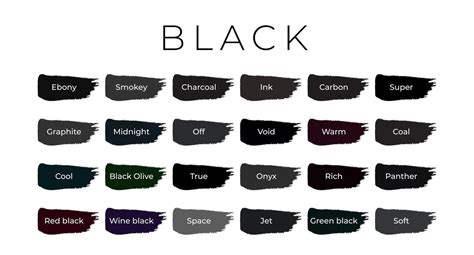 black paint color swatches  shade names  brush strokes
