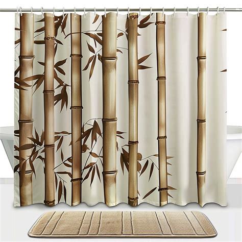 Bamboo Print Shower Curtain Set White Background Brown Pattern Design