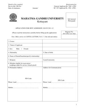 Fillable Online Mgu Ac Msw Spot Admission Application Form