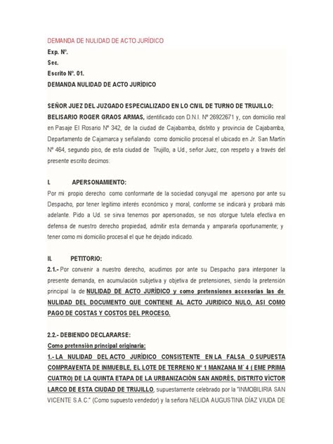 Demanda De Nulidad De Acto Jurídico Modelo Descargar Gratis Pdf