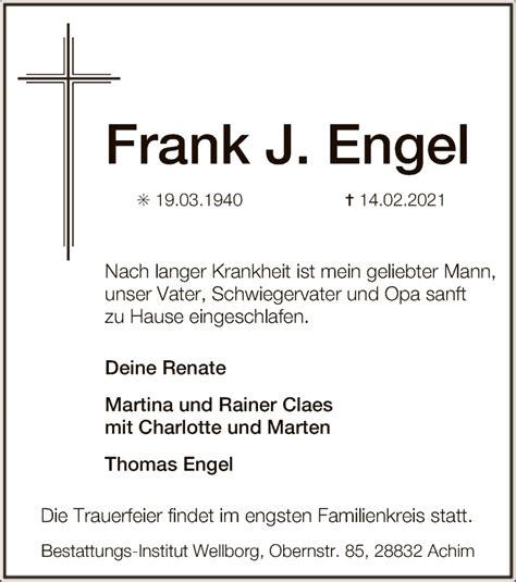 Traueranzeigen Von Frank J Engel Trauer Kreiszeitung De