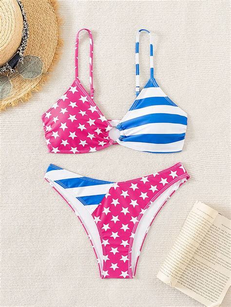 SHEIN Swim Women S Summer Beach Americana Print Bra Bikini Bottom