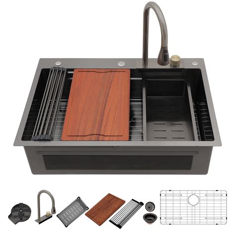 Dcolora 33''x22'' Gunmetal Black Waterfall Kitchen Sink, Smart Worksta