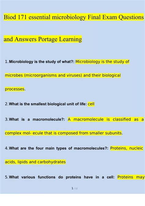 Biod 171 Essential Microbiology Final Exam Questions With Answers