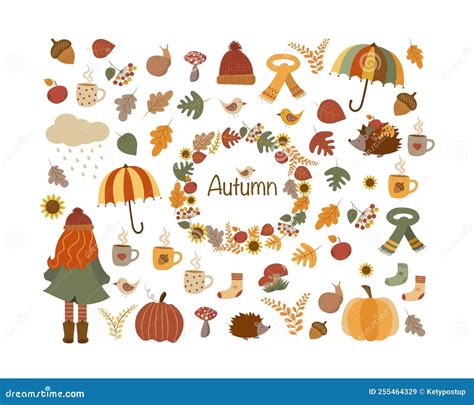 Cozy Autumn Set With Isolated Pictures Stock Illustration