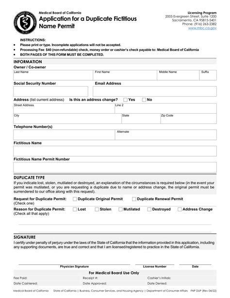 California Application For A Duplicate Fictitious Name Permit Fill