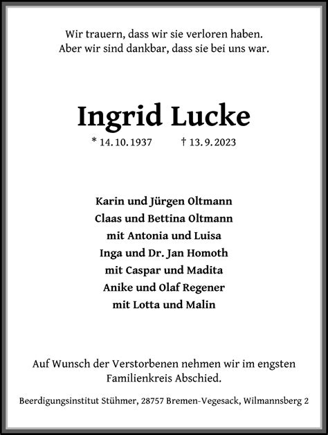 Traueranzeigen Von Ingrid Lucke Trauer Gedenken