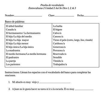 Entreculturas 2 Unit 2 Así Se Dice 1 2 3 Vocabulary Quiz TPT