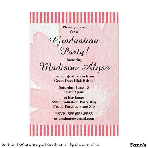 A Pink And White Striped Graduation Party Card With A Flower On The Front In Red Stripes