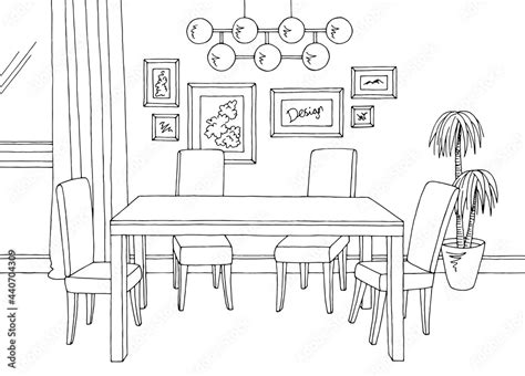 Dining Room Home Interior Graphic Black White Sketch Illustration Vector Stock Vector Adobe Stock