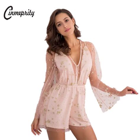 Cinmeprity Summer Sexy Pink Lace Jumpsuits Deep V Neck Glitter Playsuit