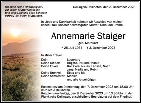 Traueranzeigen Von Annemarie Staiger Schwaebische De Trauerportal