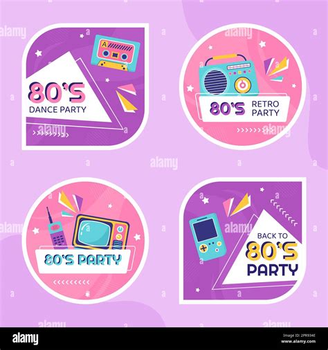 80s Party Label Template Flat Cartoon Background Vector Illustration