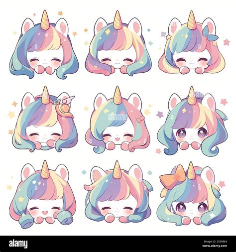 unicorn chibi rainbow hair color set emotes stickers cute kawaii ...