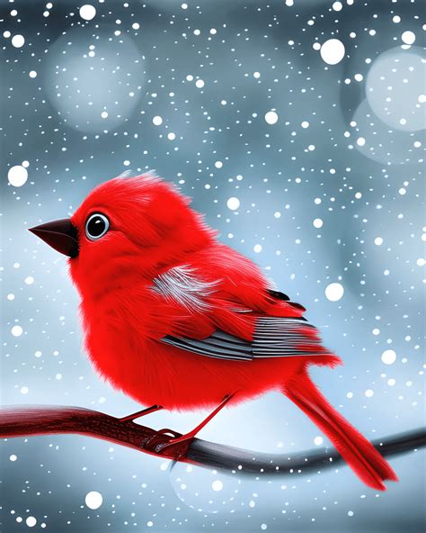 Cute Chibi Cartoon Baby Red Bird On A Branch In A Snowy Wintertime