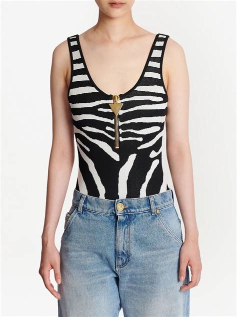 Balmain Zebra Print Zip Up Bodysuit Black Farfetch Uk