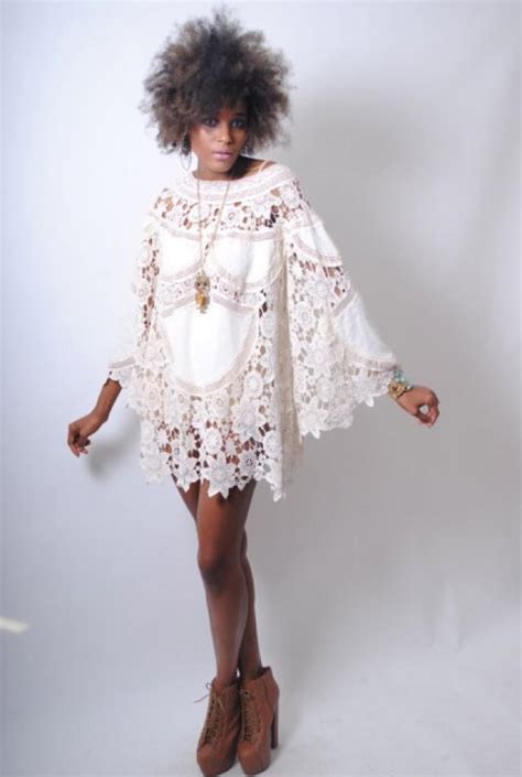 Boho Bell Sleeve 70s Dress Style Ivory Lace Crochet Patchwork Sheer