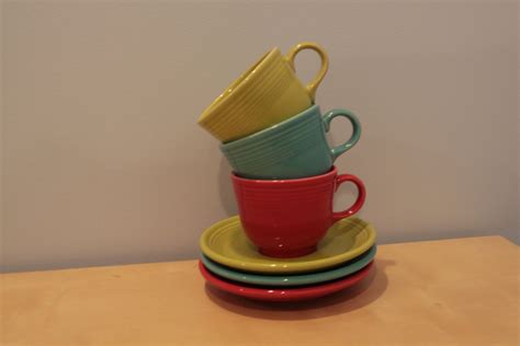 Vintage Fiesta Coffee Mugs and Saucers Red Green and