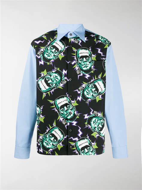 Prada X Frankenstein Universal Printed Panels Shirt Blue Modes