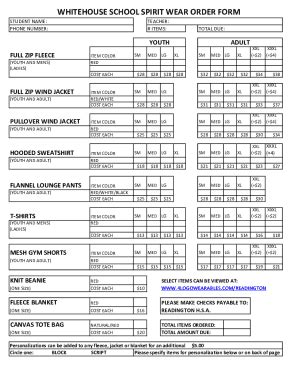 Fillable Online Whitehouse School Spirit Wear Order Form Fax Email