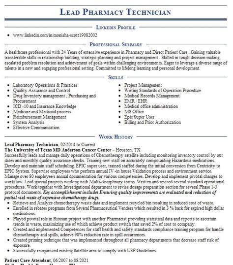 Lead Pharmacy Technician Resume Example