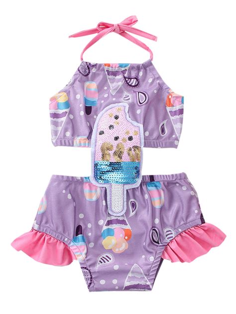 Aturustex Baby Girl Swimsuits Ruffles Ice Cream Print Halter Sleeveless