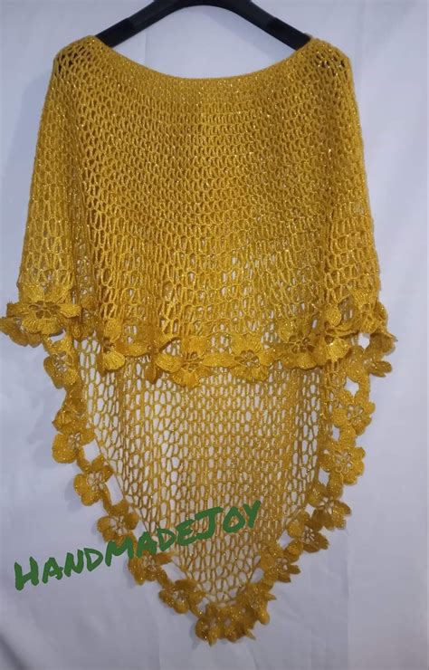 Yellow Crocheted Shawl With Flowers