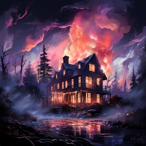 Premium AI Image | a painting of a house with a burning house in the ...