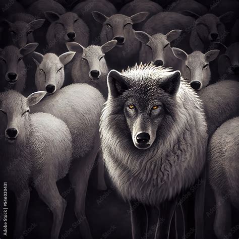 Wolf In Sheep S Clothing In The Herd Of Sheeps Ai Generated