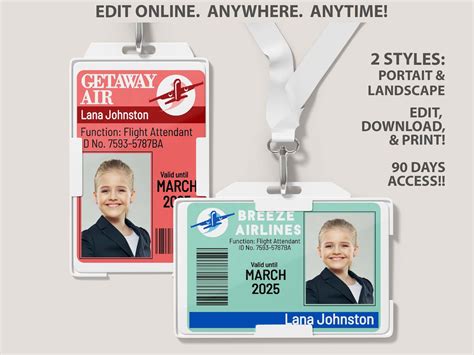 Flight Attendant Id Badge Pretend Play Airline Uniform Name Etsy