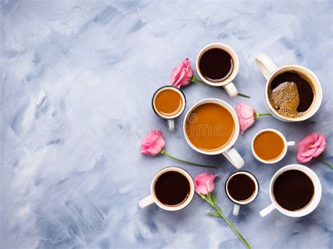 Cups And Mugs Of Coffee And Flowers Stock Photo - Image of espresso ...