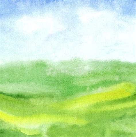 Abstract Watercolor Background Sky And Clouds Green Grass Hand Painted With Loose Brush