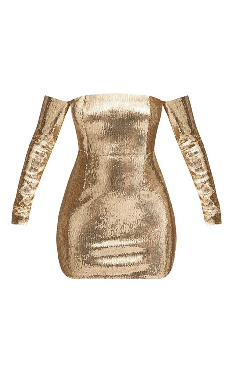 Gold Sequin Long Sleeve Bardot Bodycon Dress Prettylittlething Usa