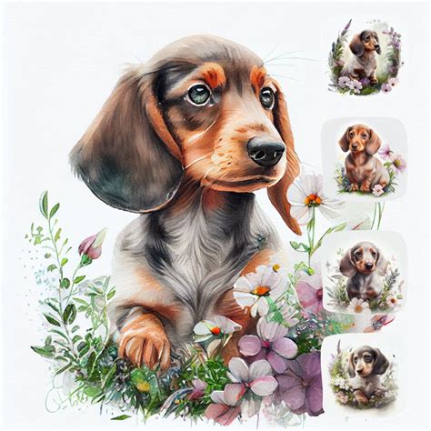 A Painting Of A Dachshund Puppy Surrounded By Flowers