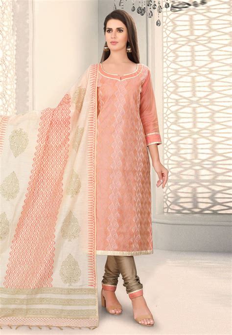 Buy Peach Chanderi Churidar Suit Online At Lowest Price From