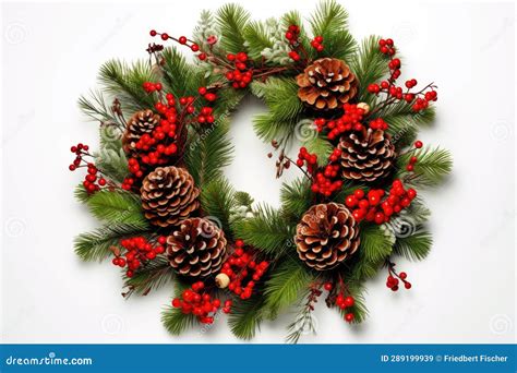 A Christmas Wreath With Pine Cones And Red Berries Stock Image Image