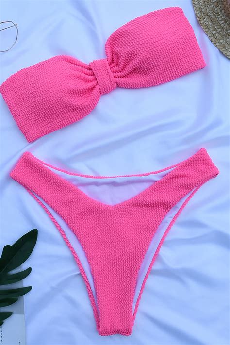 Hot Pink Crinkle Bandeau Bow Bikini Top Floralkini