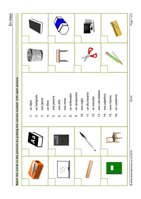 Classroom Objects School Vocabulary Match Ks2 Spanish Teachit